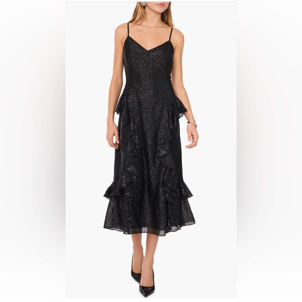 1.STATE Metallic Tiered Ruffle Midi Dress black size 2 party elegant dress